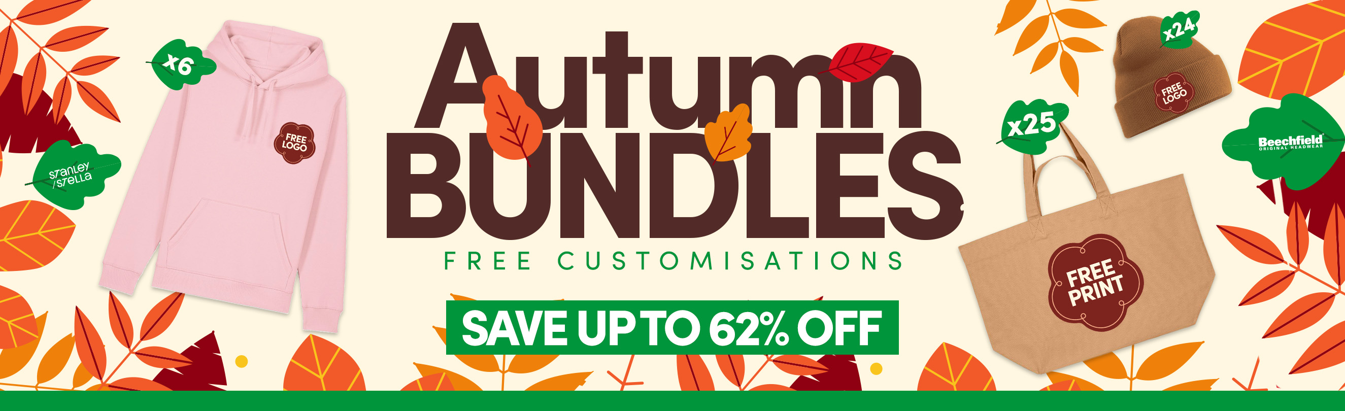 Take advantage of autumn bundle deals with free customisation on selected personalised products. Save up to 62% while creating branded merchandise for your organisation.